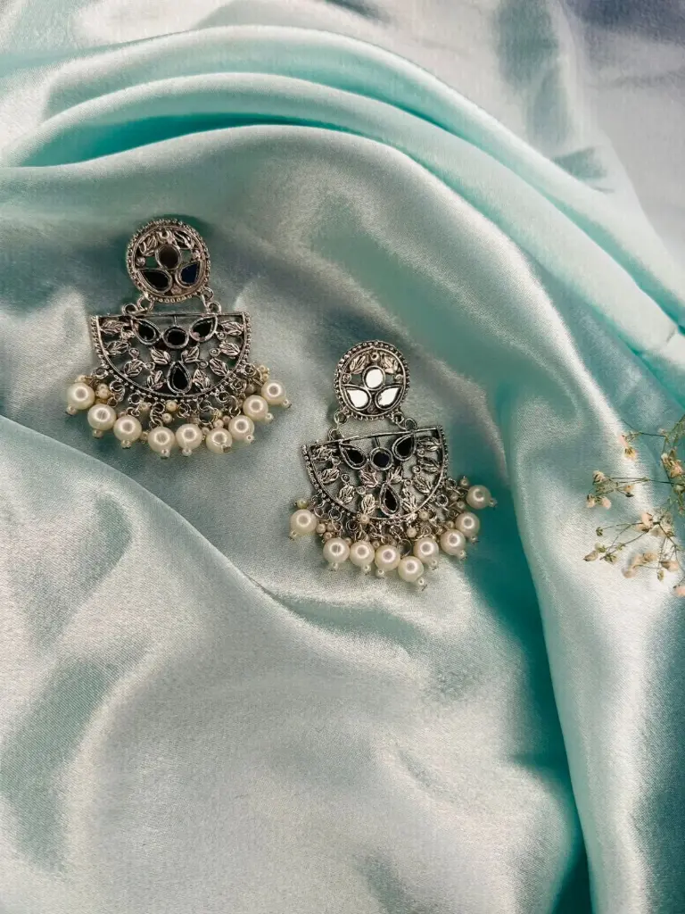 Royal Mirror Work Pearl Chandbali Earrings