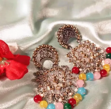 Antique Silver Plated Chandbali Earrings with Colorful Beads