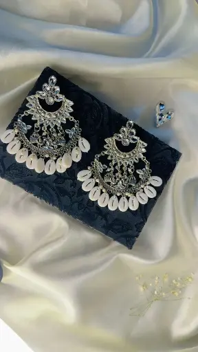 crafted Tribal Oxidized Silver Shell Dangle Earrings with Mirror Work & White Cowrie Shells