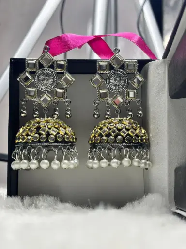 Mirror Work Antique Silver & Golden Dual-Tone Dome Jhumka Earrings with Pearl Dangling
